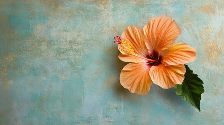 A stunning orange hibiscus flower gracefully rests on a textured turquoise background, highlighting its delicate petals and vibrant colors, perfect for nature lovers.の素材