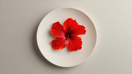 A stunning red hibiscus flower elegantly arranged on a white plate, showcasing vibrant petals. Ideal for themes of beauty, freshness, and nature.の素材