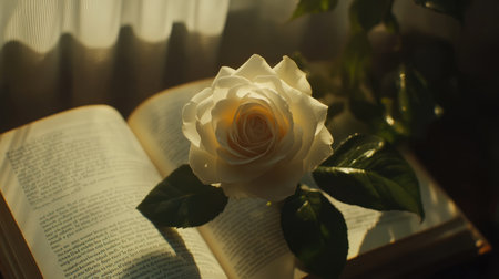 A stunning white rose beautifully positioned on an open book, illuminated by natural sunlight, creating a serene and inviting atmosphere for readers.の素材