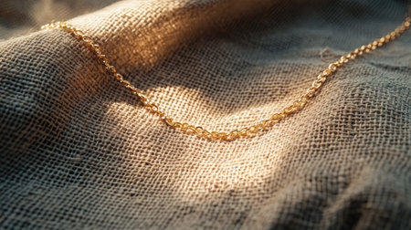 A beautiful gold chain lies gracefully on a textured burlap fabric, illuminated by warm sunlight, enhancing its luxurious and elegant appearance.の素材
