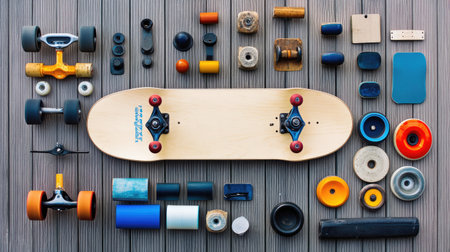 Flat lay of skateboard parts and accessories arranged creatively on a wooden surface, showcasing the components essential for skating activities and maintenance.の素材
