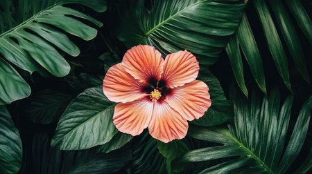A captivating pink hibiscus flower blooms amid lush tropical leaves, showcasing vibrant colors and intricate textures. Perfect for nature and floral themes.の素材