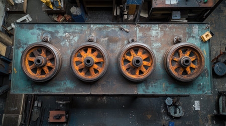An aerial view showcasing four vintage machinery wheels resting on an industrial workbench. The aged wheels feature a rusty orange finish, emphasizing character.の素材