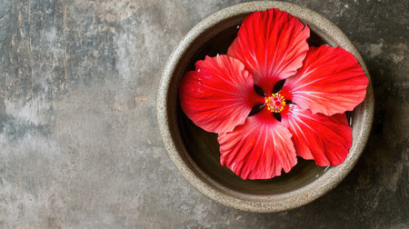 A striking red hibiscus flower floats gracefully in a water bowl, set against a textured stone surface. This image evokes calmness and natural beauty.の素材