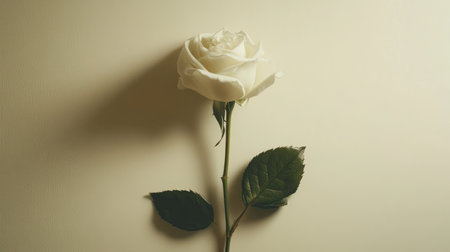 A stunning close-up of an elegant white rose gently placed against a soft background. The delicate petals and green leaves evoke beauty and tranquility, perfect for decoration.の素材