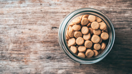 A glass jar filled with small round biscuits showcases a simple yet appealing snack on a rustic wooden surface, perfect for food lovers.の素材