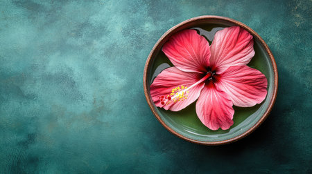 A stunning pink hibiscus flower floats gracefully in a bowl of serene water, showcasing delicate petals against a tranquil green backdrop. Perfect for relaxation themes.の素材