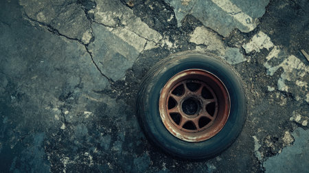 An overhead view of an abandoned tire resting on a cracked asphalt surface, showcasing themes of neglect and decay in an urban environment.の素材