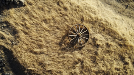 A captivating aerial view of an abandoned wooden wheel resting in dry grass. This rustic landscape showcases the beauty of nature and history in a serene setting.の素材