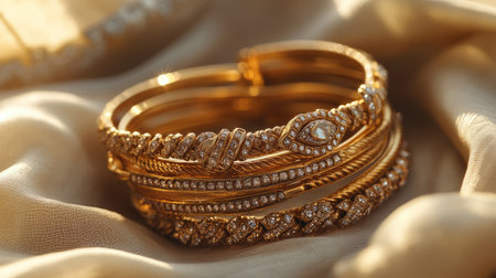 A stunning arrangement of elegant gold bracelets adorned with sparkling diamonds, resting on luxurious satin fabric. Perfect for jewelry lovers.の素材