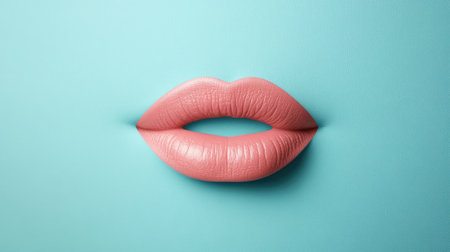 This image features a stunning close-up of soft pink lips against a vibrant teal background, showcasing beauty and modern aesthetics in a minimalistic style.の素材