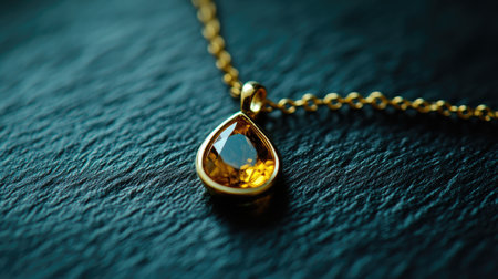 Close-up of an elegant gold necklace featuring a teardrop-shaped yellow gemstone pendant, highlighting its luxurious shine and exquisite craftsmanship.の素材