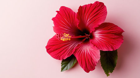 This stunning close-up image showcases a vibrant red hibiscus flower with delicate green leaves against a soft background. Perfect for nature-themed projects.の素材