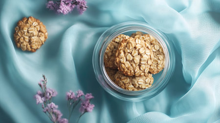 A captivating arrangement of oatmeal cookies in a clear glass jar, surrounded by soft blue fabric and delicate flowers, creating a serene and inviting scene.の素材