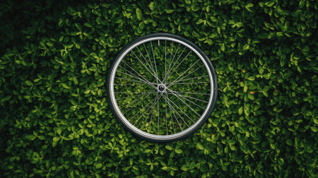 A bicycle wheel rests atop a bed of lush green plants, showcasing a harmonious blend of metal and nature. This image represents outdoor adventure and sustainability.の素材