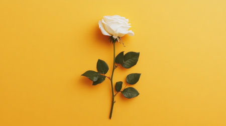 A stunning white rose rests gracefully against a bright yellow background, creating a vivid contrast. The delicate petals and green leaves enhance the natural beauty, perfect for any design project.の素材