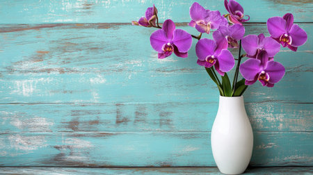 A stunning arrangement of purple orchids in a sleek white vase set against a rustic wooden background. Ideal for home decor or botanical themes.の素材
