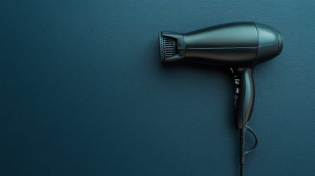 A black hair dryer rests on a dark blue surface, showcasing a sleek and modern design. Ideal for beauty and personal care themes, this image emphasizes functionality and style.の素材