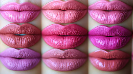 This stunning image showcases a variety of lip colors in vibrant pink and nude shades. The composition highlights the textures and finishes, perfect for beauty projects.の素材