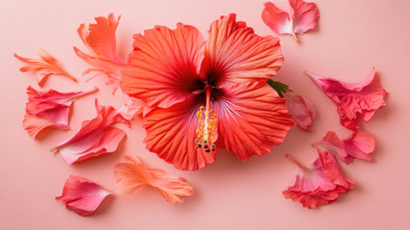 A striking hibiscus flower showcases its vibrant colors on a soft pink background. Surrounding petals add elegance and charm, creating a serene and fresh composition.の素材