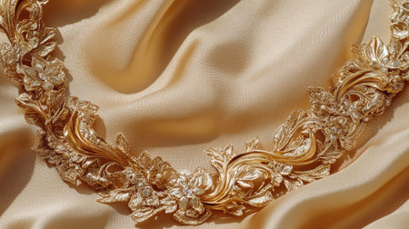 This exquisite gold necklace features an intricate floral design, elegantly resting on a soft silk background, showcasing luxury and craftsmanship in jewelry.の素材