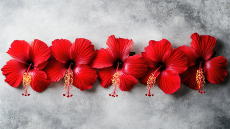 A stunning arrangement of vibrant red hibiscus flowers set against a soft gray background, showcasing their beauty and tropical elegance. Perfect for decor or art.の素材