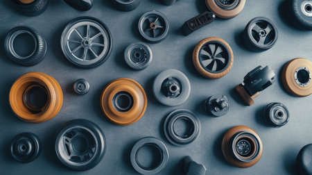 A diverse collection of vehicle parts and components displayed on a grey surface. This image features wheels, tires, and mechanical elements, showcasing automotive design and innovation.の素材