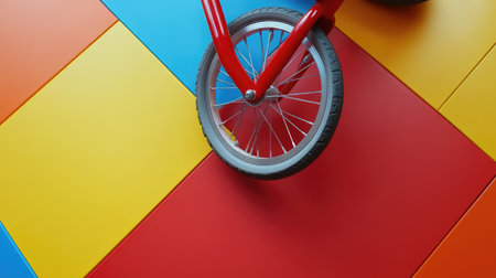 A close-up view of a red bicycle wheel resting on a vibrant play area floor, featuring bright colored tiles. Perfect for themes of childhood, activity, and joy.の素材