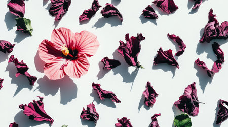 This image features a vibrant pink hibiscus flower surrounded by scattered petals, creating a stunning visual contrast against a light background, ideal for nature-inspired designs.の素材