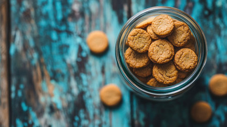 A glass jar filled with freshly baked cookies rests on a rustic wooden table, displaying a delightful array of golden treats perfect for snacking or sharing.の素材