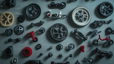 A detailed arrangement of toy vehicle parts showcasing wheels and components in various colors. This flat lay offers a creative perspective on design and assembly, perfect for projects and presentations.の素材
