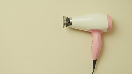 A stylish hair dryer with a pink handle rests against a soft beige background, showcasing beauty and elegance in personal care equipment. Perfect for fashion inspiration.の素材