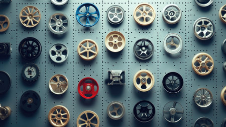This image showcases an organized display of colorful wheels in a modern garage. Each wheel features unique designs, highlighting creativity and craftsmanship in the automotive world.の素材