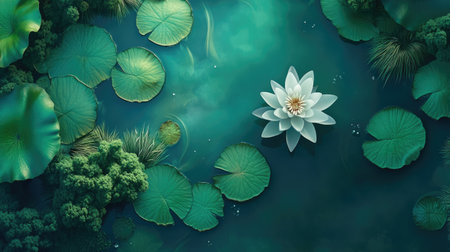 A stunning view of a solitary water lily blooming amidst vibrant green lotus leaves in a tranquil pond, evoking peace and natural beauty.の素材