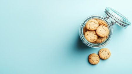 A beautiful arrangement of delicious homemade cookies displayed in a glass jar on a soft blue background, perfect for showcasing culinary delights and sweet treats.の素材