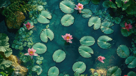 A captivating view of a tranquil water lily pond with vibrant pink flowers and lush green leaves, showcasing the beauty and serenity of nature's aquatic environment.の素材