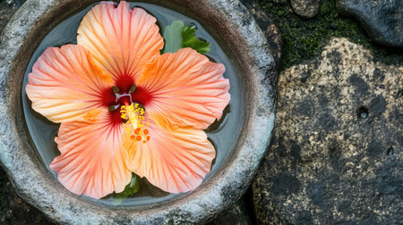 A stunning hibiscus flower floats in calm water, surrounded by smooth stones. The vibrant colors of the petals create a serene and peaceful atmosphere, perfect for relaxation.の素材