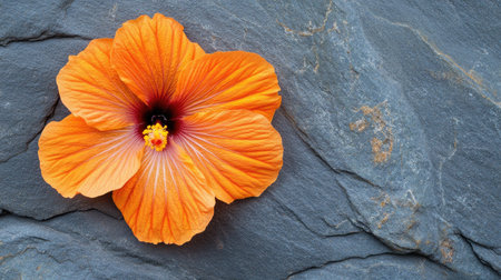 A stunning orange hibiscus flower rests gracefully on a textured stone surface, showcasing its vibrant color and intricate details, perfect for nature-themed projects.の素材