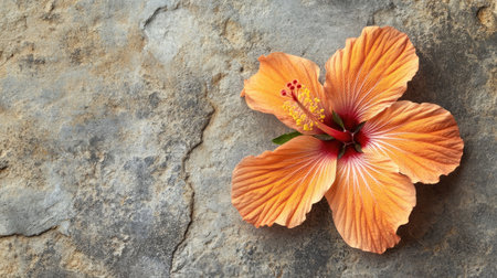 A stunning orange hibiscus flower sits gracefully on a textured rock surface, showcasing intricate petal patterns and vibrant colors, perfect for nature lovers.の素材