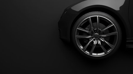 A close-up view of a glossy black car wheel featuring a modern alloy design. The dramatic lighting enhances the sleek details, showcasing automotive elegance and craftsmanship.の素材