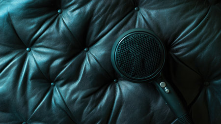 A stylish hair dryer rests elegantly on a soft black leather couch, showcasing modern design and beauty equipment. Ideal for interior decor inspiration.の素材
