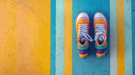 A pair of vibrant sneakers displayed on a bright striped floor, showcasing a playful and creative design. Perfect for fashion and lifestyle themes.の素材