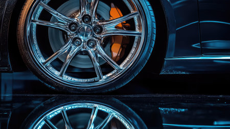 A stunning close-up of a sleek car wheel showcasing intricate design and reflective surfaces, illuminated by dynamic lighting to enhance modern aesthetics.の素材
