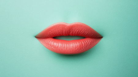 This image features a close-up of bright coral lips against a mint background, showcasing beauty and minimalism. The vibrant colors create a striking contrast, perfect for beauty themes.の素材