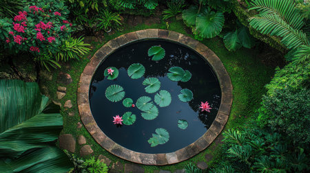 This captivating image features a tranquil garden pond adorned with vibrant water lilies, surrounded by lush tropical foliage, creating a serene retreat in nature.の素材