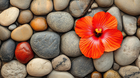 A striking red hibiscus flower rests atop an array of smooth stones, showcasing the beauty of natureの素材