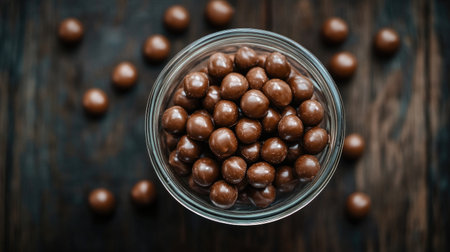 A stunning overhead view of a glass bowl filled with chocolate candies, beautifully arranged on a rustic wooden surface, perfect for sweet indulgence.の素材