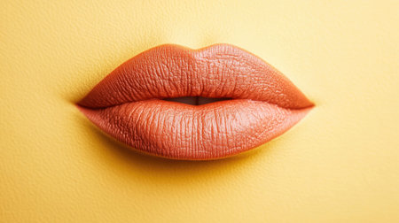 This image showcases a close-up view of soft, well-defined lips adorned with orange-brown lipstick against a bright yellow background, highlighting beauty and elegance.の素材