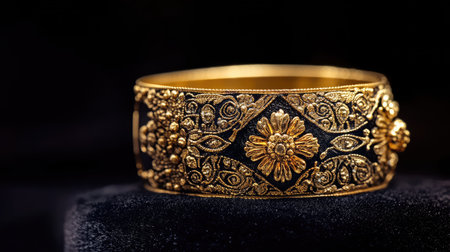 Stunning gold bangle featuring intricate floral designs and exquisite craftsmanship. Perfectly captures luxury and elegance for fashion enthusiasts and collectors alike.の素材