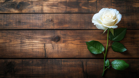 This image features a stunning white rose resting on a rustic wooden surface, embodying elegance and simplicity. Ideal for floral themes.の素材